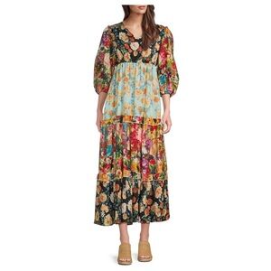 CALESSA multicolor v-neck floral maxi tiered dress size 1X cottagecore boho
